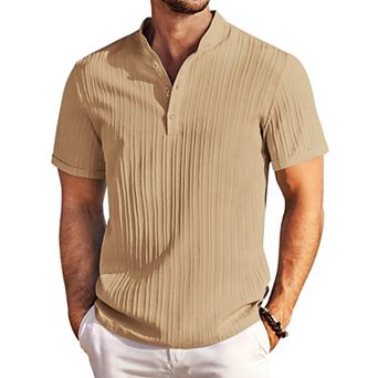 COOFANDY Men Cotton Linen Colllarless Henley Casual Short Sleeve Summer Henley Shirt