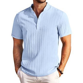 COOFANDY Men Cotton Linen Colllarless Henley Casual Short Sleeve Summer Henley Shirt