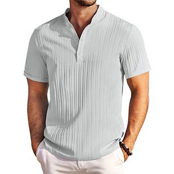 COOFANDY Men Cotton Linen Colllarless Henley Casual Short Sleeve Summer Henley Shirt