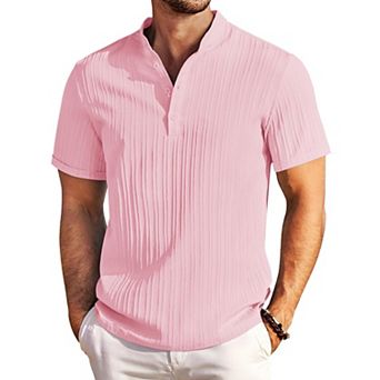 COOFANDY Men Cotton Linen Colllarless Henley Casual Short Sleeve Summer Henley Shirt