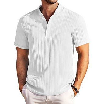 COOFANDY Men Cotton Linen Colllarless Henley Casual Short Sleeve Summer Henley Shirt