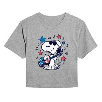 Juniors' Peanuts Joe Cool Americana Guitar Cropped Tee