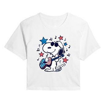 Juniors' Peanuts Joe Cool Americana Guitar Cropped Tee