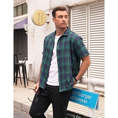 COOFANDY Mens Short Sleeve Button Down Shirt Plaid Button Up Shirts Casual 75% Cotton Work Shirts