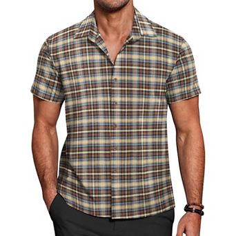 COOFANDY Mens Short Sleeve Button Down Shirt Plaid Button Up Shirts Casual 75% Cotton Work Shirts