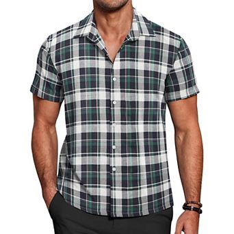 COOFANDY Mens Short Sleeve Button Down Shirt Plaid Button Up Shirts Casual 75% Cotton Work Shirts