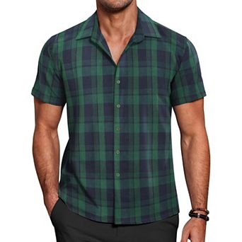 COOFANDY Mens Short Sleeve Button Down Shirt Plaid Button Up Shirts Casual 75% Cotton Work Shirts