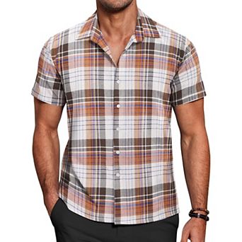 COOFANDY Mens Short Sleeve Button Down Shirt Plaid Button Up Shirts Casual 75% Cotton Work Shirts