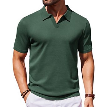 COOFANDY Mens Knit Polo Shirts V Neck Short Sleeve Stretch Polo T Shirt Casual Golf Shirts