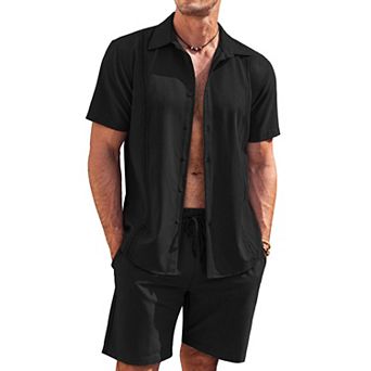 COOFANDY Men's Matching Shirt and Shorts Set Short Sleeve Wrinkle Free Summer Hawaiian Shirts