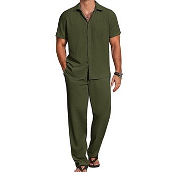 COOFANDY Mens Linen Suits 2 pc Set Casual Loose Pants Vacation Outfits Short Sleeve Island Shirt