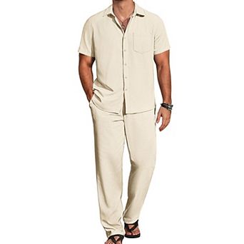 COOFANDY Mens Linen Suits 2 pc Set Casual Loose Pants Vacation Outfits Short Sleeve Island Shirt