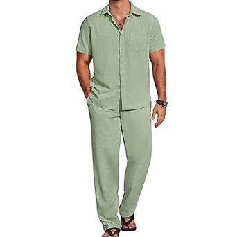 COOFANDY Mens Linen Suits 2 pc Set Casual Loose Pants Vacation Outfits Short Sleeve Island Shirt