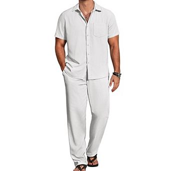 COOFANDY Mens Linen Suits 2 pc Set Casual Loose Pants Vacation Outfits Short Sleeve Island Shirt