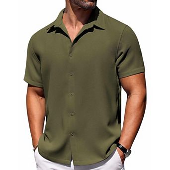 COOFANDY Mens Button Down Short Sleeve Shirts Untucked Summer Linen Shirts No Iron Textured Shirt