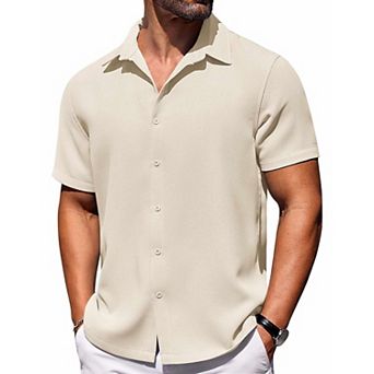 COOFANDY Mens Button Down Short Sleeve Shirts Untucked Summer Linen Shirts No Iron Textured Shirt