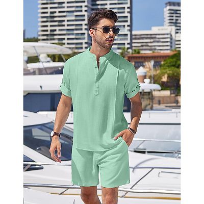 City boy coordinate set × 2 COOFANDY Men's 2 Pieces Linen Shirt Set Henley Shirt Short Sleeve