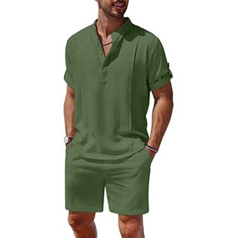 COOFANDY Men's 2 pc Linen Set Henley Shirt Short Sleeve and Shorts Beach Matching Outfits