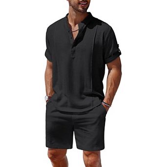 COOFANDY Men's 2 pc Linen Set Henley Shirt Short Sleeve and Shorts Beach Matching Outfits