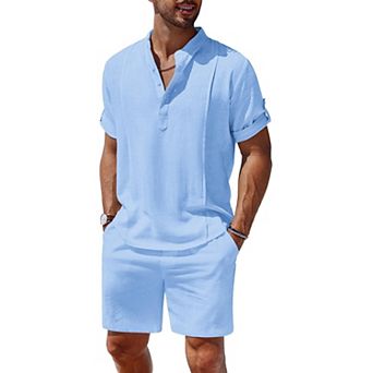 COOFANDY Men's 2 pc Linen Set Henley Shirt Short Sleeve and Shorts Beach Matching Outfits