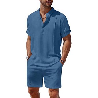COOFANDY Men's 2 pc Linen Shirt Set Henley Shirt Short Sleeve and Shorts Beach Matching Outfits