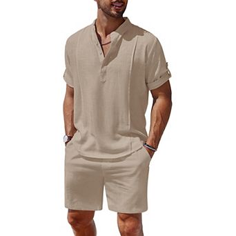 COOFANDY Men's 2 pc Linen Set Henley Shirt Short Sleeve and Shorts Beach Matching Outfits