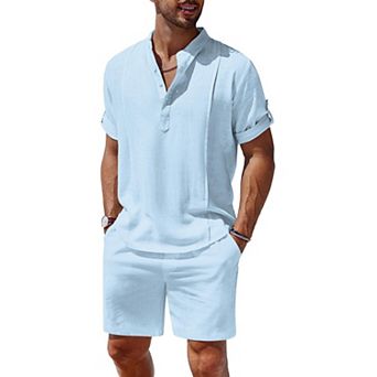 COOFANDY Men's 2 pc Linen Set Henley Shirt Short Sleeve and Shorts Beach Matching Outfits