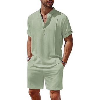 COOFANDY Men's 2 pc Linen Set Henley Shirt Short Sleeve and Shorts Beach Matching Outfits