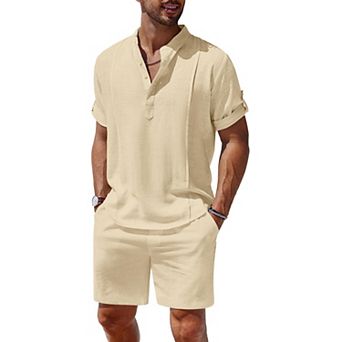 COOFANDY Men's 2 pc Linen Set Henley Shirt Short Sleeve and Shorts Beach Matching Outfits
