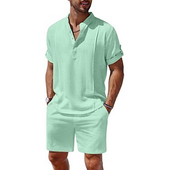 COOFANDY Men's 2 pc Linen Shirt Set Henley Shirt Short Sleeve and Shorts Beach Matching Outfits