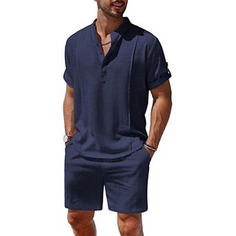 COOFANDY Men's 2 pc Linen Set Henley Shirt Short Sleeve and Shorts Beach Matching Outfits