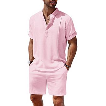 COOFANDY Men's 2 pc Linen Set Henley Shirt Short Sleeve and Shorts Beach Matching Outfits