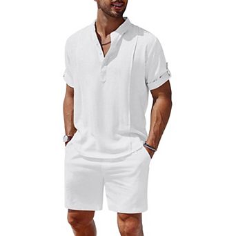 COOFANDY Men's 2 pc Linen Set Henley Shirt Short Sleeve and Shorts Beach Matching Outfits
