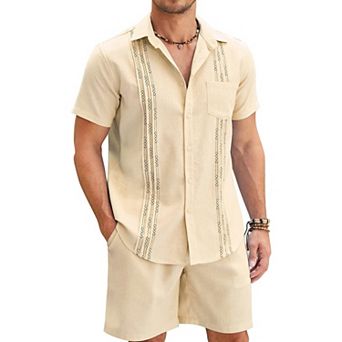 COOFANDY Men's White Linen Suits Sets Beach Wear Clothes Short Sets Outfits 2 pc