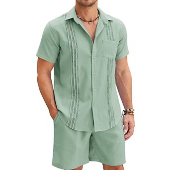 COOFANDY Men's White Linen Suits Sets Beach Wear Clothes Short Sets Outfits 2 pc