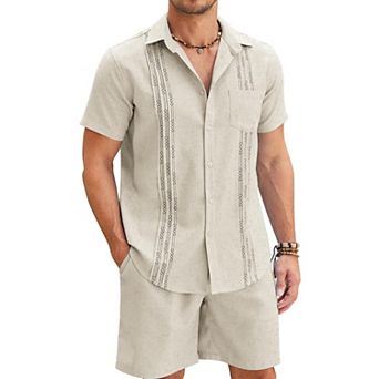 COOFANDY Men's White Linen Suits Sets Beach Wear Clothes Short Sets Outfits 2 pc