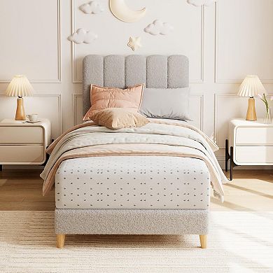 Bed Frame Boucle Upholstered Platform Bed with Wave Headboard for Kids Wooden Slats Support