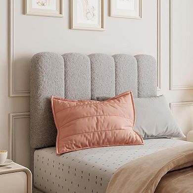 Bed Frame Boucle Upholstered Platform Bed with Wave Headboard for Kids Wooden Slats Support