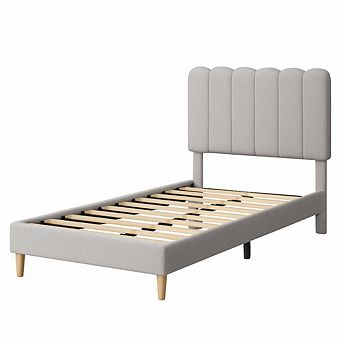 Bed Frame Boucle Upholstered Platform Bed with Wave Headboard for Kids Wooden Slats Support