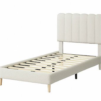 Bed Frame Boucle Upholstered Platform Bed with Wave Headboard for Kids Wooden Slats Support