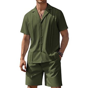 COOFANDY Mens Beach Set Button Down Summer Outfits Track Suits 2 pc Set Vacation Clothes