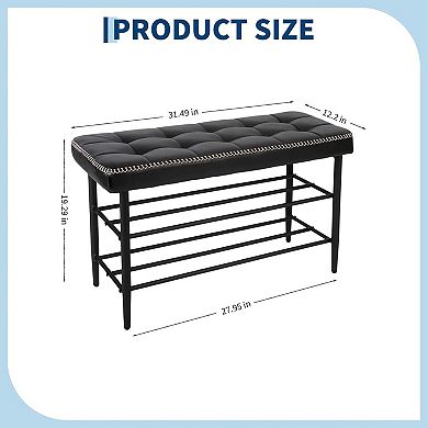 Shoe Rack Bench, Mid-Century Modern Storage Bench for Entryway, Crafted in Waxy Leather