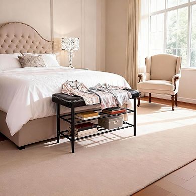 Shoe Rack Bench, Mid-Century Modern Storage Bench for Entryway, Crafted in Waxy Leather