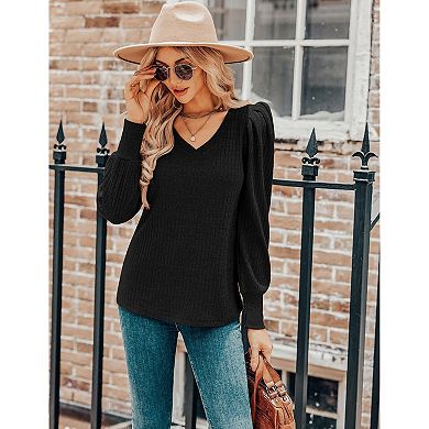 Zeagoo Lightweight Blouse for Women Puff Long Sleeve Shirt Casual V Neck Thin Tunic Tops