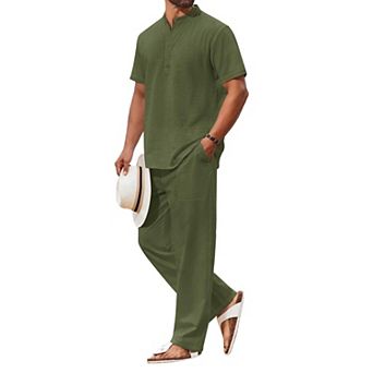 COOFANDY Men's 2 pc Cotton Sets Casual Short Sleeve Henley Shirts and Beach Pants with Pockets