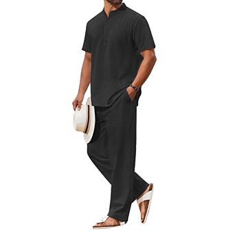 COOFANDY Men's 2 pc Cotton Sets Casual Short Sleeve Henley Shirts and Beach Pants with Pockets