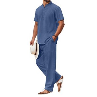 COOFANDY Men's 2 pc Cotton Sets Casual Short Sleeve Henley Shirts and Beach Pants with Pockets