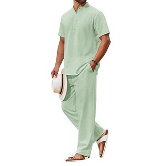 COOFANDY Men's 2 pc Cotton Sets Casual Short Sleeve Henley Shirts and Beach Pants with Pockets