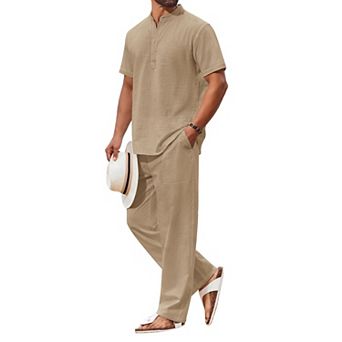 COOFANDY Men's 2 pc Cotton Sets Casual Short Sleeve Henley Shirts and Beach Pants with Pockets