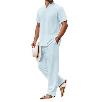COOFANDY Men's 2 pc Cotton Sets Casual Short Sleeve Henley Shirts and Beach Pants with Pockets